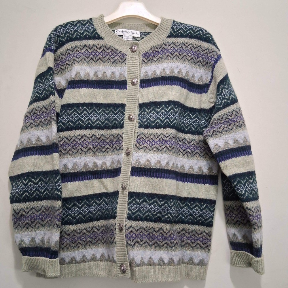 Cambridge Spirit Womens Wool Blend Fair Isle Cardigan Sweater Green Purple L